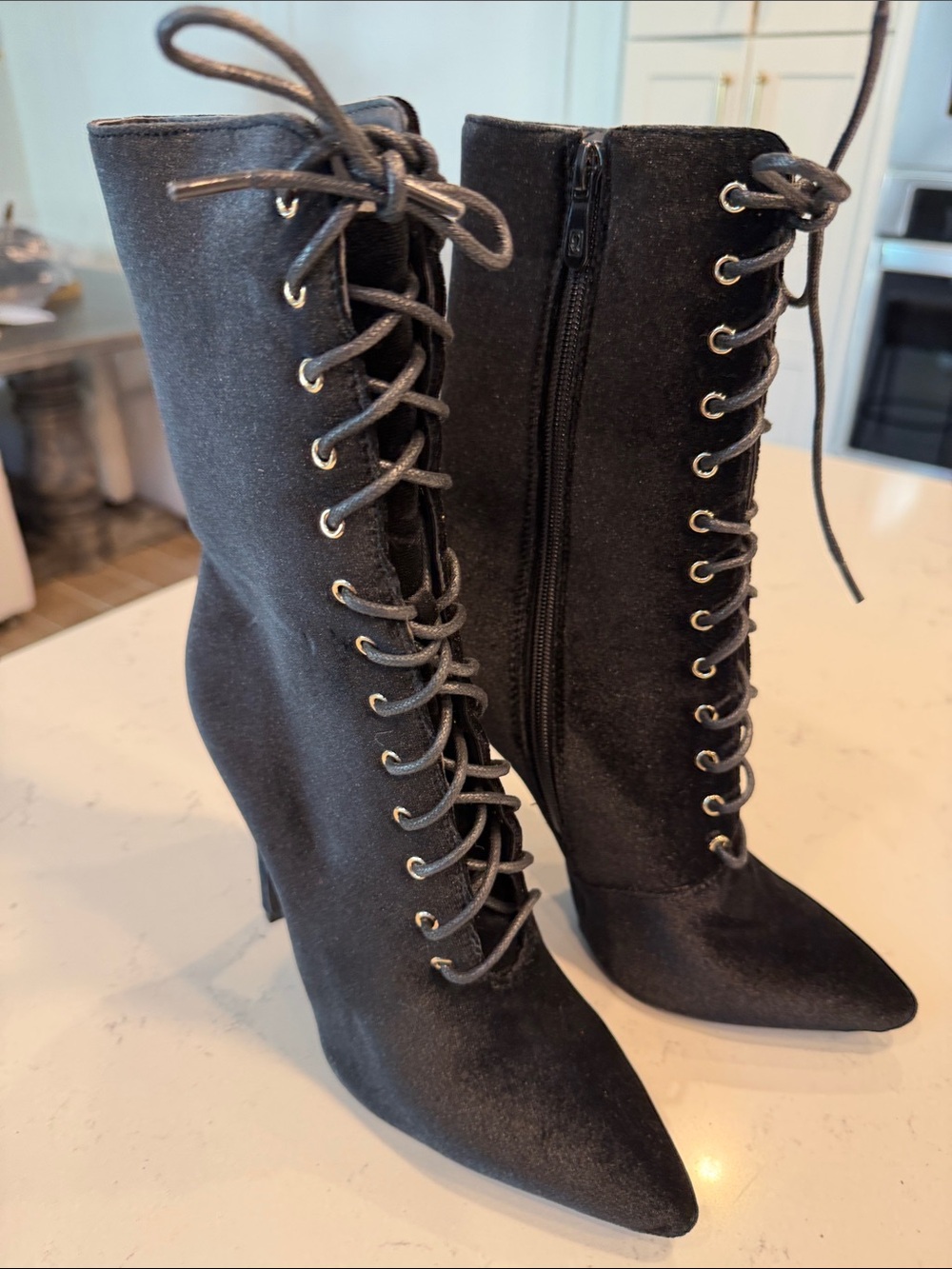 Public Desire Black Lace-Up Pointed Toe Stiletto Boots
